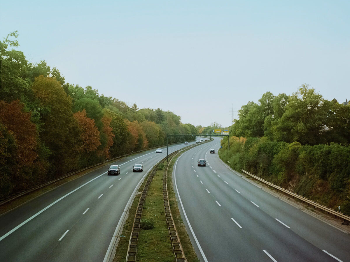Autos se desplazan por autopista en medio de bosques con muchos árboles.