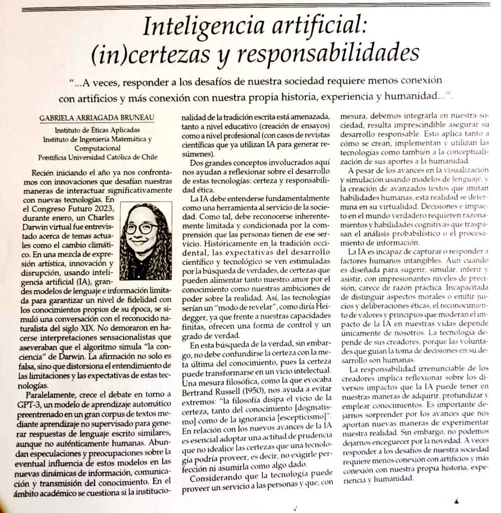 Imagen de la columna Inteligencia artificial: (in) certezas y responsabilidades en el diario El Mercurio.