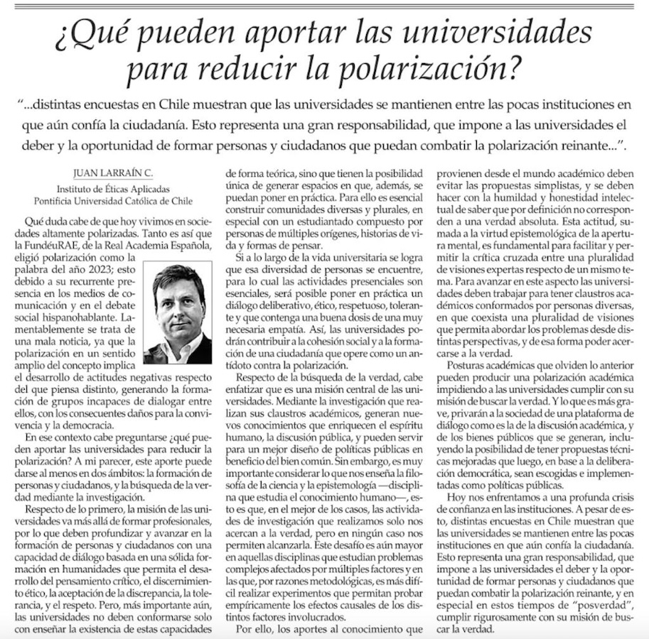 Imagen de la columna ¿Qué pueden aportar las universidades para reducir la polarización? del director del IEA, Juan Larraín.