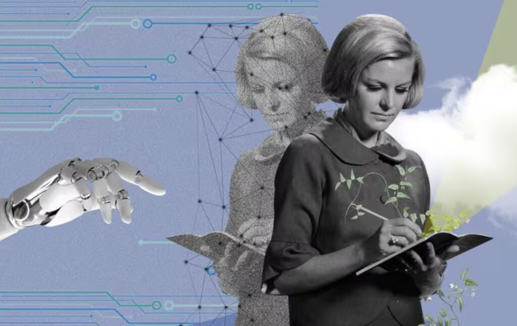 Imagen de una mujer, escribiendo en un cuaderno, con un reflejo hecho por IA. Al lado izquierdo, aparece una mano robótica.