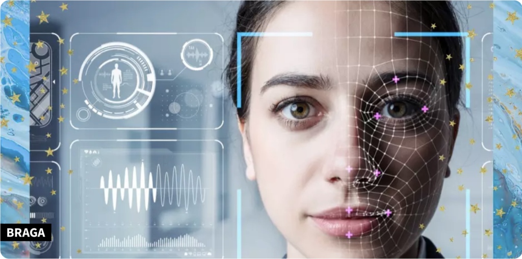 Imagen de la cara de una mujer, a la derecha, con elementos gráficos de una IA.