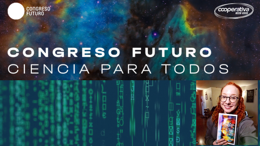 Imagen del logo del programa de Radio Cooperativa, Congreso Futuro, y en el lado inferior derecho la foto de la académica Gabriela Arriagada con el libro Los sesgos del algoritmo en su mano.