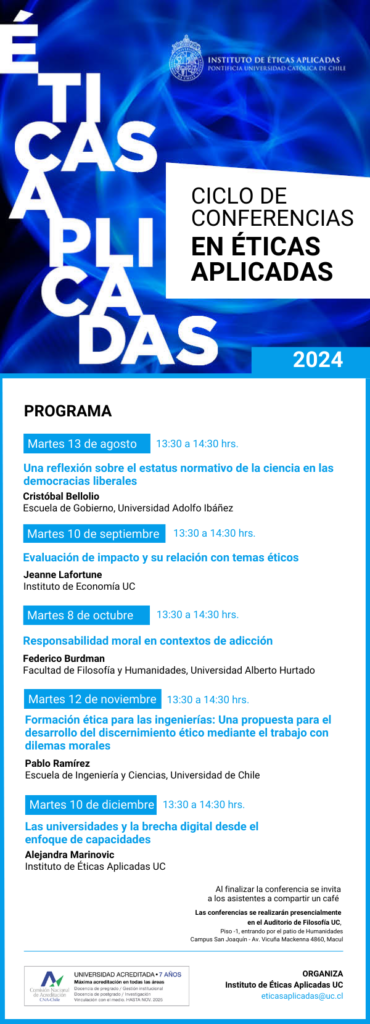 Gráfica con el programa del Ciclo de conferencias en éticas aplicadas del 2° semestre de 2024.