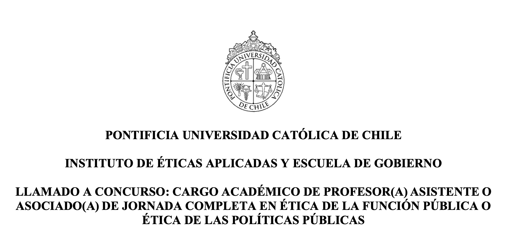 Instituto de Éticas Aplicadas y Escuela de Gobierno llaman a concurso para cargo académico de profesor asistente o asociado