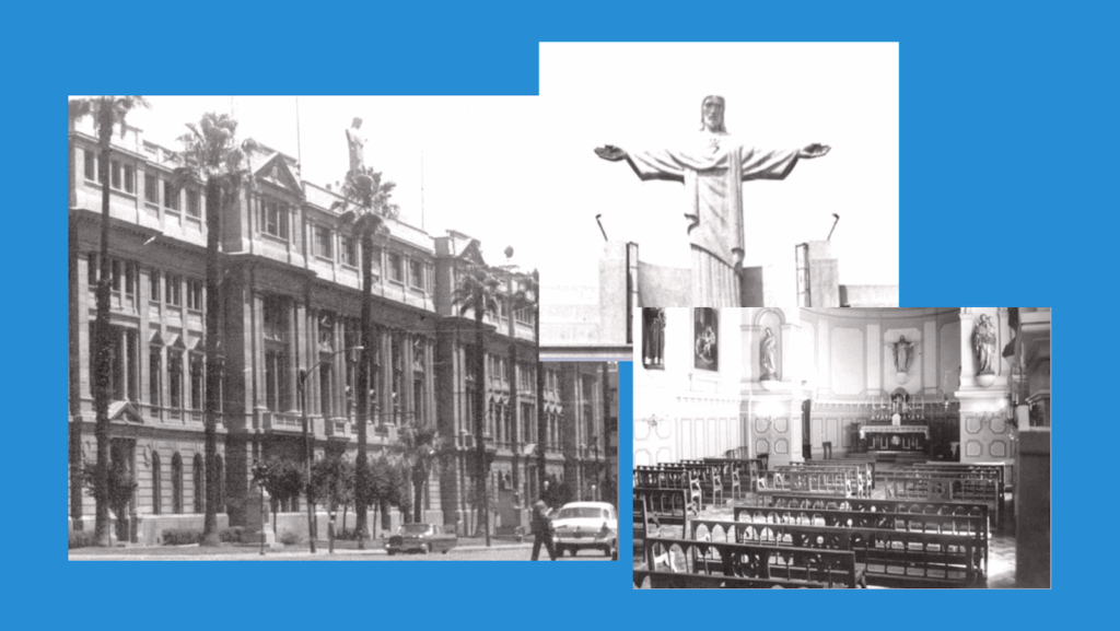 Gráfica con el fondo celeste y en el centro un mix de fotos en blanco y negro. Al lado izquierdo, el frontis de la Casa Central UC, al lado derecho arriba, el Cristo de Casa Central, y al lado derecho abajo, la capilla del mismo campus.