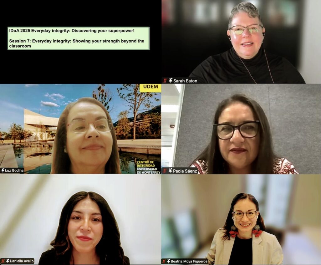 Print de pantalla de la académica Beatriz Moya en su presentación en el en el panel “Everyday integrity: Showing your strength beyond the classroom” de ICAI.