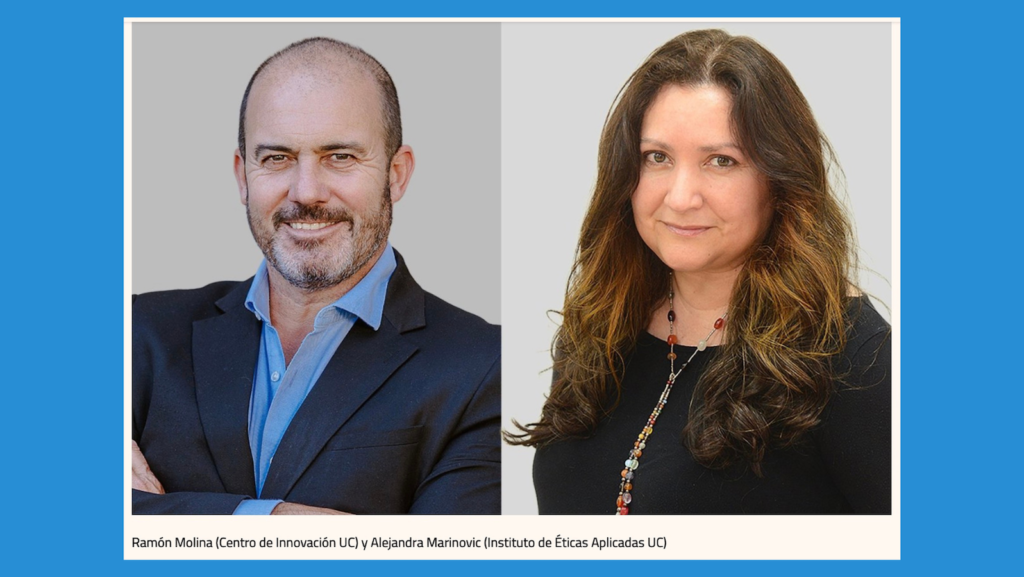 Gráfica con el fondo celeste y en el centro las fotos de los académicos Ramón Molina y Alejandra Marinovic.